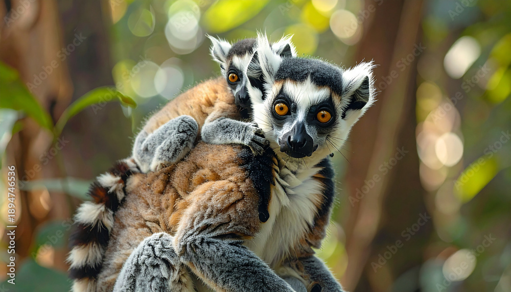 Fototapeta premium Ring-tailed lemur mother with baby riding on her back, wildlife family portrait in natural forest habitat.