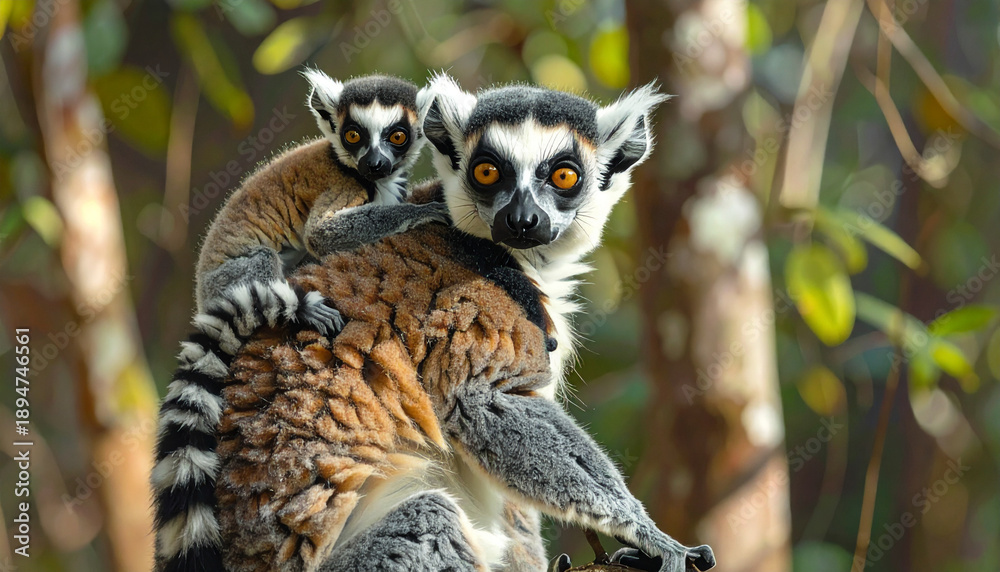 Fototapeta premium Ring-tailed lemur mother with baby riding on her back, wildlife family portrait in natural forest habitat.
