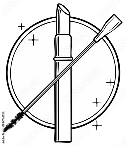 Minimalist cosmetic beauty illustration featuring lipstick and mascara in a circular frame with sparkle details