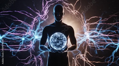 Mystic's Power: A silhouette figure holds a glowing energy sphere, symbolizing the human potential for knowledge, innovation, and cosmic connection.