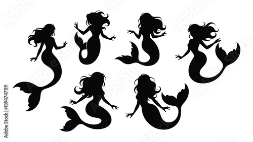 Six silhouetted mermaids in various poses Vector
