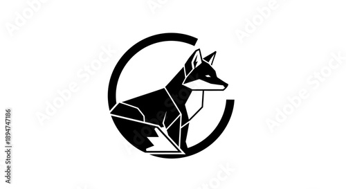 Black and white illustration of a fox in a broken circle design.