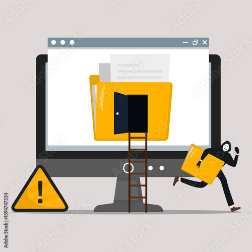 Hacker stealing digital files from a computer folder, showing data breach, unauthorized access, and online security risk with warning sign and criminal activity