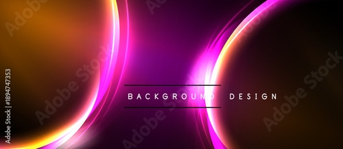 Abstract vibrant design features curved lines, gradients. Orange, purple hues dominate dark background. Text reads background design.