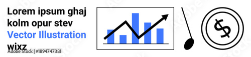 Rising blue bar graph with arrow, dollar coin, and line connection picturing financial growth, analytics, profit, economy, business strategy, investment, technology trends abstract line flat