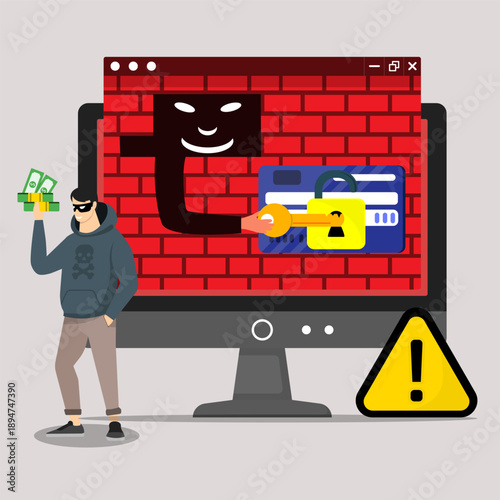 Online cyber crime scene showing hacker stealing credit card data and money through a compromised computer, symbolizing digital fraud, data breach, financial theft, and security warning