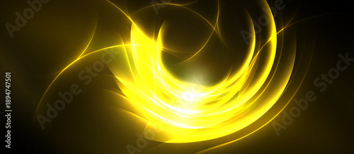 Bright yellow energy swirls against dark background. Light radiates from central point, creating dynamic abstract design.
