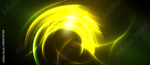 Bright yellow energy swirls against dark background. Abstract design evokes motion, light, dynamic forms. Vivid colors create striking visual impact.
