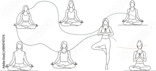 Collection of minimalist line art illustrations depicting women practicing various yoga poses emphasizing balance meditation and mindful wellness exercises