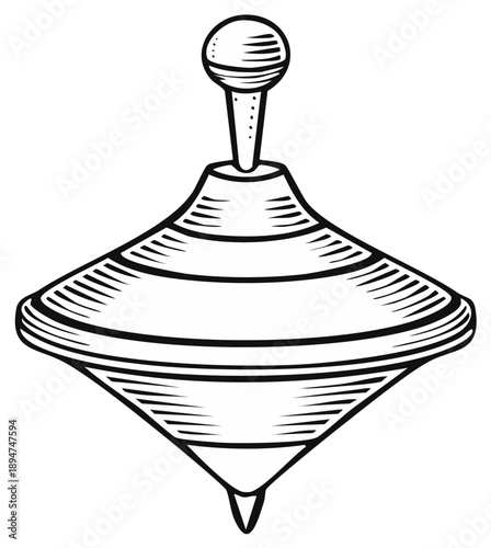 Black and white illustration of a spinning top toy