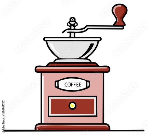 Illustration of a traditional coffee grinder for fresh bean grinding, minimalist design with vintage appeal.