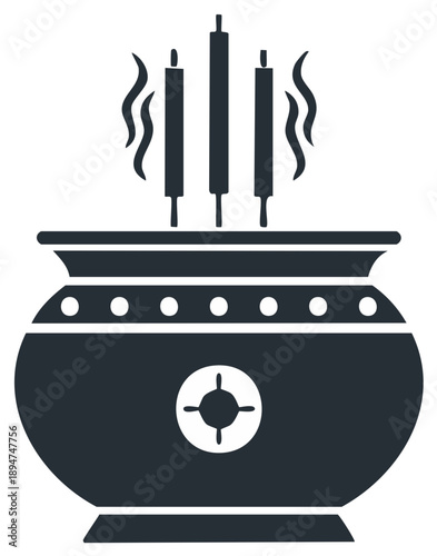 Traditional ritual incense burner with three burning joss sticks emitting smoke