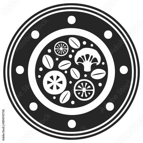 Abstract illustration of a healthy food bowl concept with assorted ingredients in a circular design.