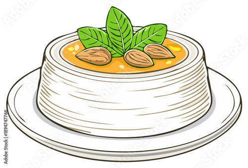 Illustrated bowl of delicious food garnished with fresh basil leaves and crunchy almonds