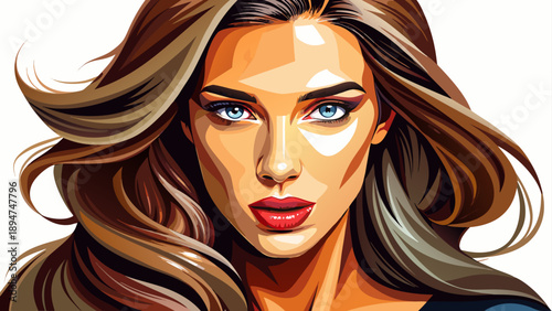 Very beautiful close-up portrait of a modern American woman with flawless makeup, radiant skin, stylish hair, and confident expression, isolated on white background, showcasing contemporary beauty and