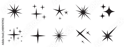 Sparkle stars icon set. Twinkle stars icons. Shining stars collection. Different star shapes. Effect glitter, shine, twinkling, and clean