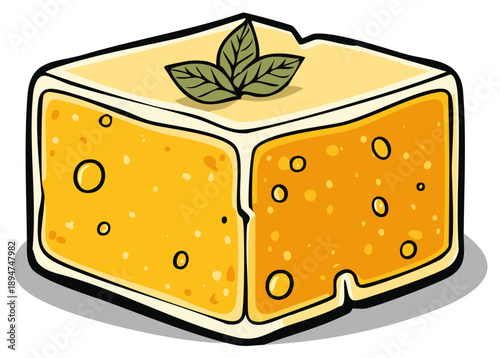 Cartoon yellow block of cheese with holes and basil leaves, food illustration