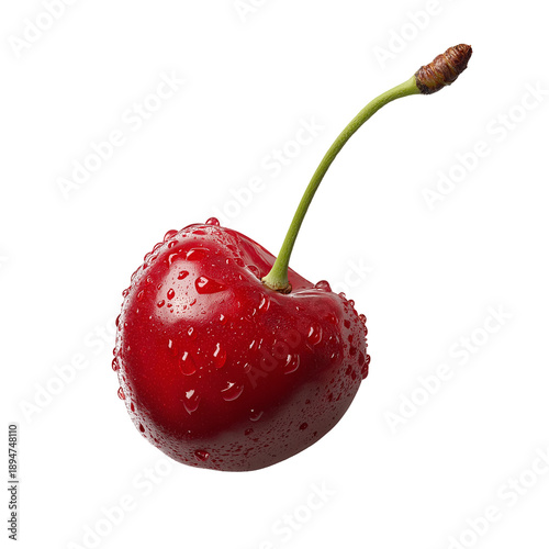 Fresh red cherry with water drops and green stem, isolated on white, png
