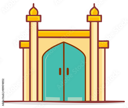Stylized vector illustration of a majestic architectural gate with arched entrance and twin domed towers