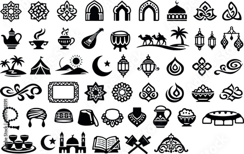 Islamic Culture and Ramadan Kareem Ornament Collection with Mosque, Lantern, and Traditional Arab Elements