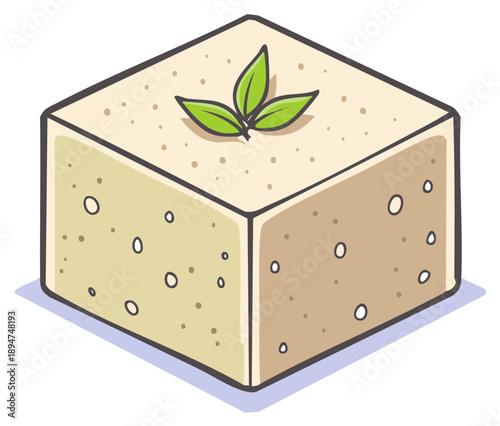 Isometric illustration of a cube of tofu with fresh green leaves on top