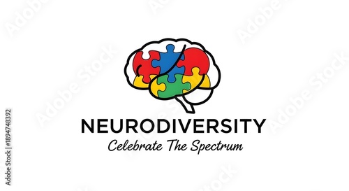 A stylized brain icon filled with colorful puzzle pieces represents the concept of neurodiversity awareness.