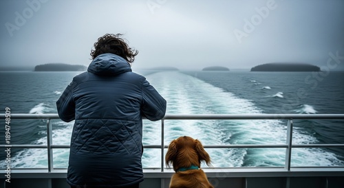 Man and dog on ferry boat journey through choppy waters