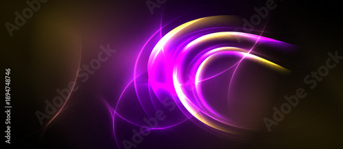 Abstract swirls, vibrant purple hues dominate. Golden light accents curves, creating dynamic energy against dark background.