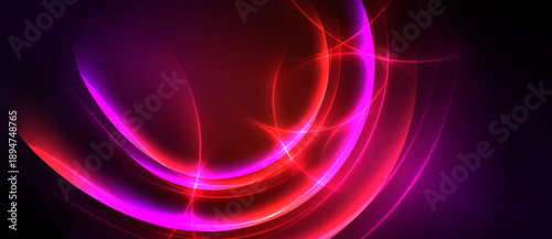Abstract vibrant curves, glowing lines. Deep purple, red hues create dynamic energy. Modern digital art composition.