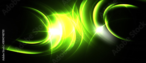 Bright green energy flows, curves radiate. Light bursts illuminate dark background. Abstract design evokes motion, power.