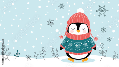 Cute penguin wearing a red knitted hat, scarf, and a blue snowflake sweater standing in a snowy winter landscape.