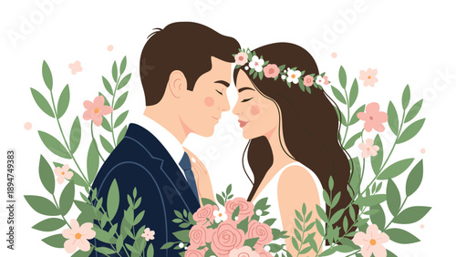 Beautiful bride and groom standing close together surrounded by lush green leaves and pink flowers at a wedding.