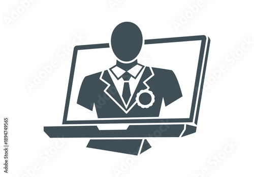 Online professional consultation icon showing a person in a suit on a laptop screen