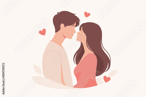Soft romantic illustration of a loving couple facing each other with hearts, tender affection and intimacy in a minimalist pastel style