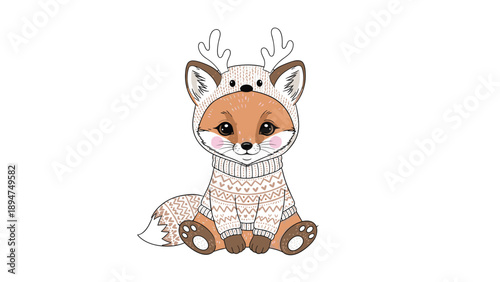 Adorable baby fox sitting and wearing a warm knitted reindeer costume sweater with antlers against a white background.