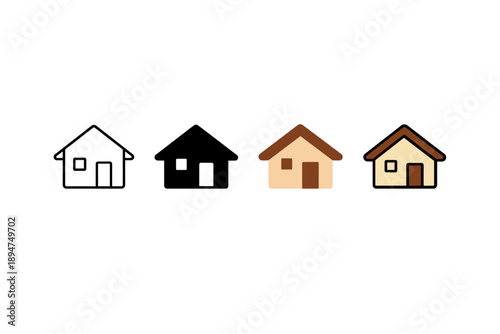 Row of four simplified house icons in different styles and colors, minimal home symbols showing outline, solid, and flat design on white background