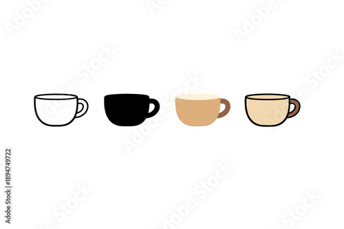 Minimalist set of four coffee cup silhouettes in different colors and styles, arranged in a row on a white background illustration