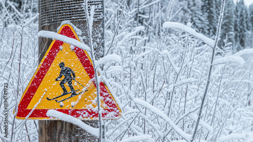 Fotografía A close-up of a yellow triangular warning sign with a skier