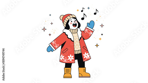 Happy young girl in a red winter coat and hat singing joyfully with musical notes and stars floating around her.