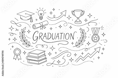 Hand-drawn graduation doodle banner with diploma, mortarboard, trophy, books, medal, lightbulb, and upward arrows celebrating academic success