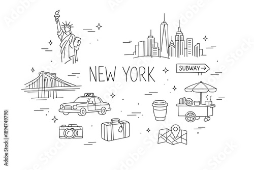 Minimal line art travel illustration featuring New York city skyline, statue, bridge, subway sign, taxi, camera, luggage, map, coffee, street food cart