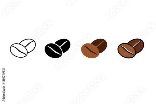 Minimal vector illustration of coffee beans in four color variations, simple flat icon set with isolated beans on a clean white background