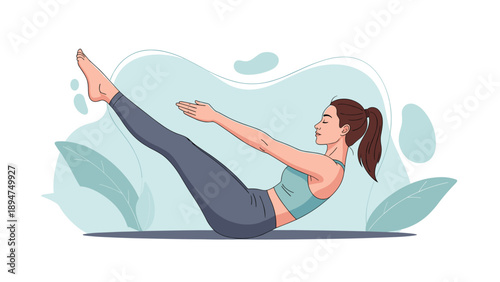 Young woman practicing the yoga boat pose with her arms and legs extended in a serene environment with plants.