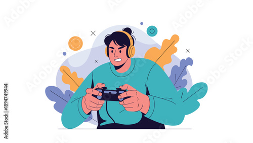 Intense young gamer with headphones holding a game controller and playing a video game against a colorful background.