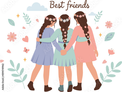 Best Friends Girls Hugging Vector Illustration with Floral Elements, Hearts, Friendship Quote and Cute Pastel Cartoon Friendship Concept
