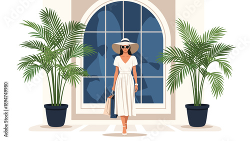 Elegant woman in a white dress and wide brimmed hat carries shopping bags between large potted palm plants in front of an arched window.