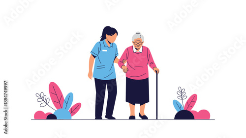Kind female caregiver helps an elderly woman with a walking stick to move forward along a path decorated with colorful stylized plants.