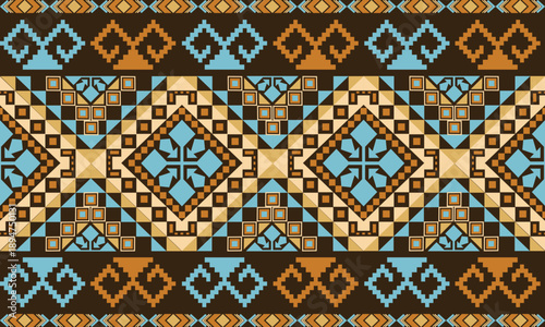 A bold modern tribal geometric pattern with symmetrical shapes and vibrant color contrasts. Perfect for textiles, fashion, and boho-inspired design.