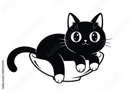 Adorable cartoon black cat with big eyes playfully lounging in a small white bowl