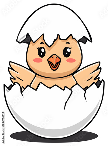 Cute cartoon chick hatches from a cracked eggshell with wings spread wide